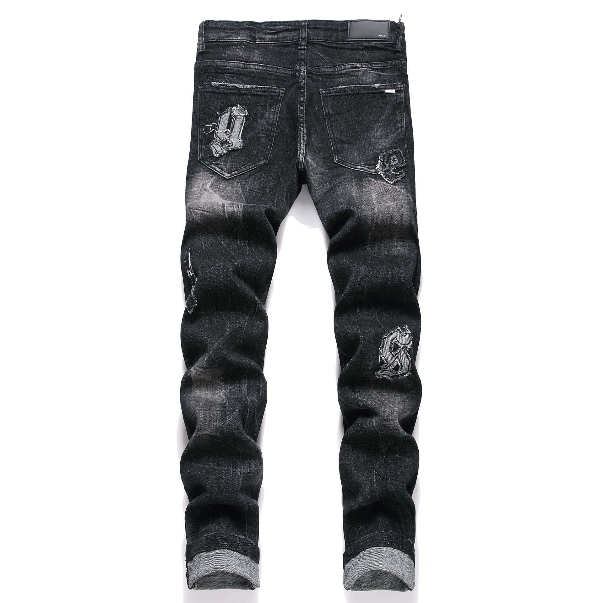 英字パッチ ブラッククラッシュデニム ストリート系 SS-000346