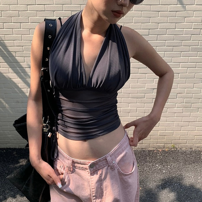 【2color】ブラックメッシュホルタートップス|夏の肌見せコーデ SS-000269
