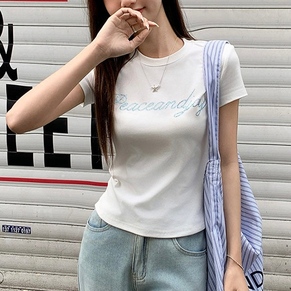 【2color】ラインストーンロゴTシャツ|キラキラロゴが映える韓国風トップス SS-000255