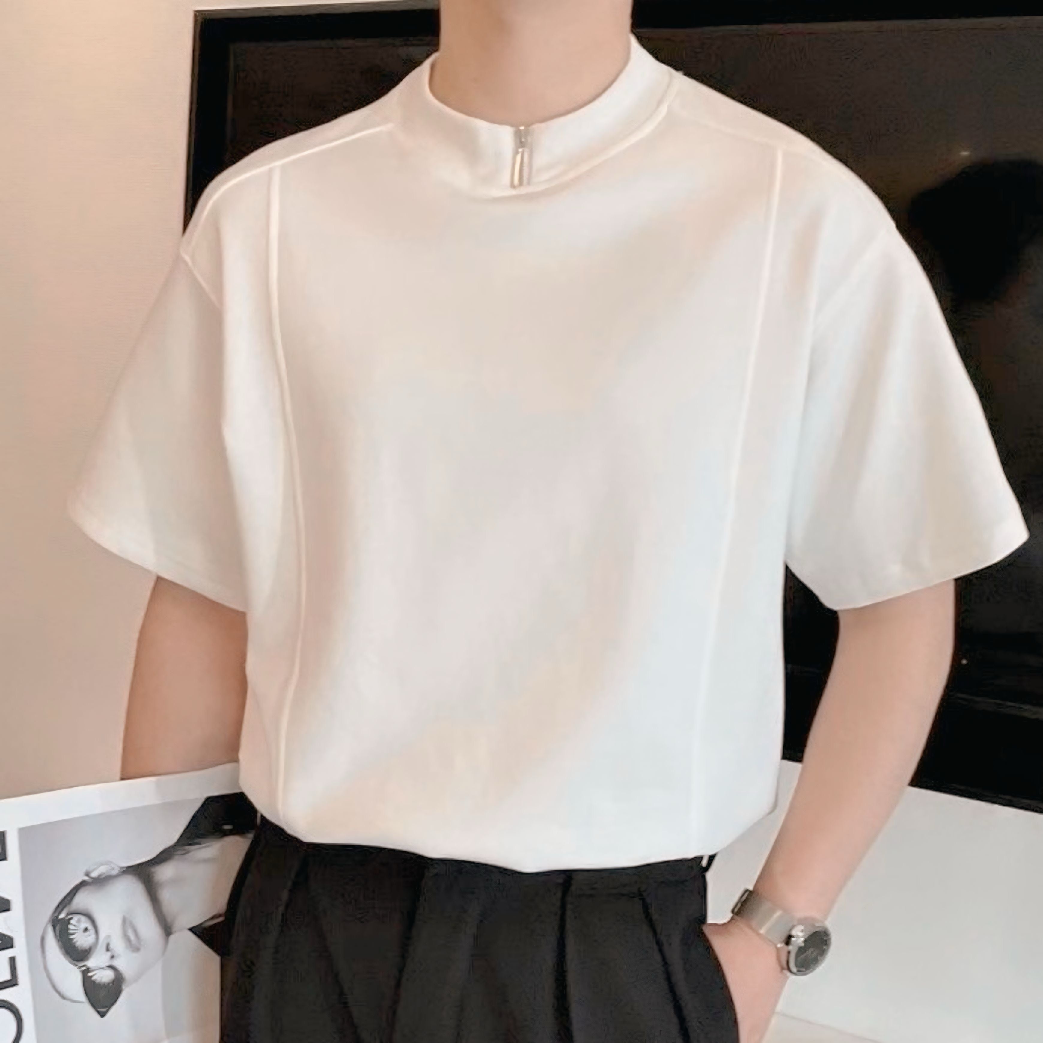 【2color】韓国風 モード系ハーフジップTシャツ SS-000127