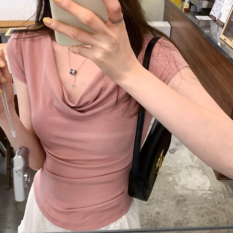 【5color】フェミニンカシュクール半袖トップス|韓国風きれいめタイトTシャツ SS-000240