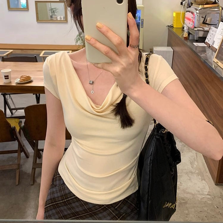 【5color】フェミニンカシュクール半袖トップス|韓国風きれいめタイトTシャツ SS-000240