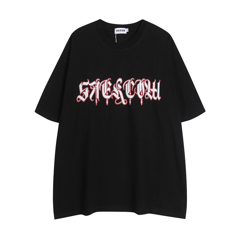 【2color】ゴシックロゴ×スカルアートTシャツ|個性派ストリートスタイル SS-000298
