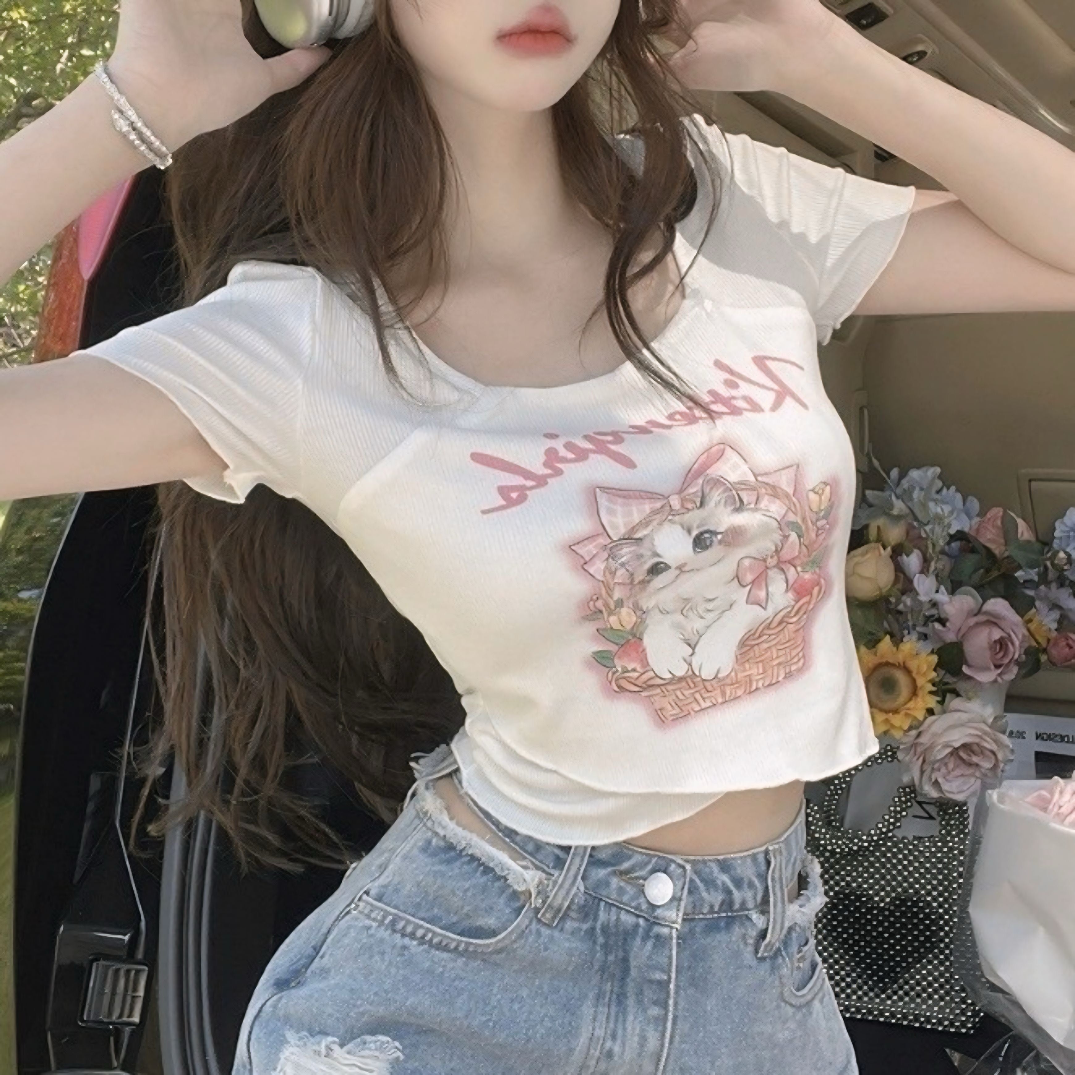 【2color】リブ素材 バスケットキャット柄Tシャツ SS-000178