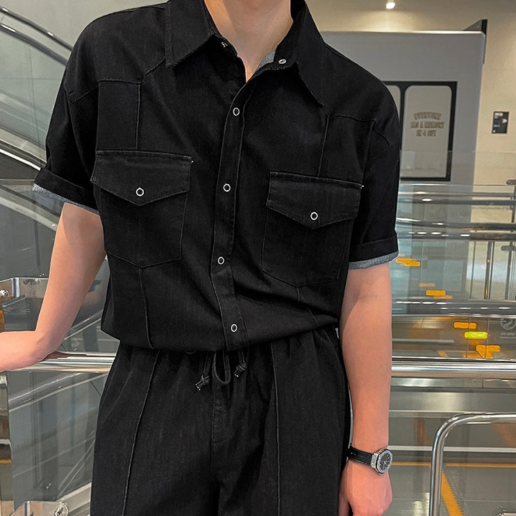 ブラック半袖シャツ×ワイドパンツ セットアップ SS-000542