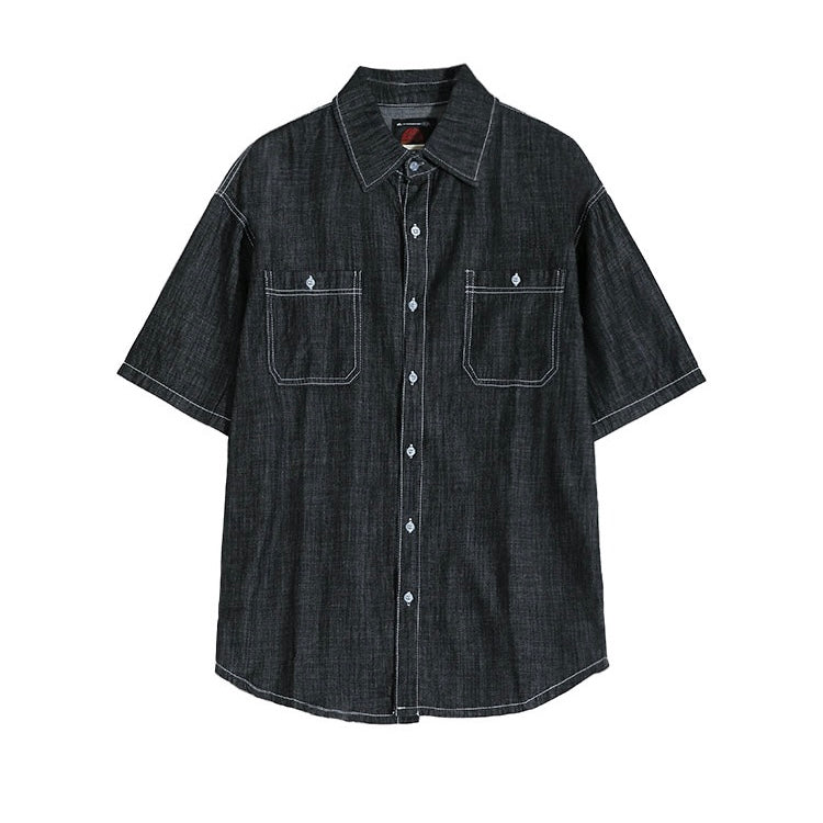 【2color】 ダブルポケット付き半袖デニム風シャツ SS-000129