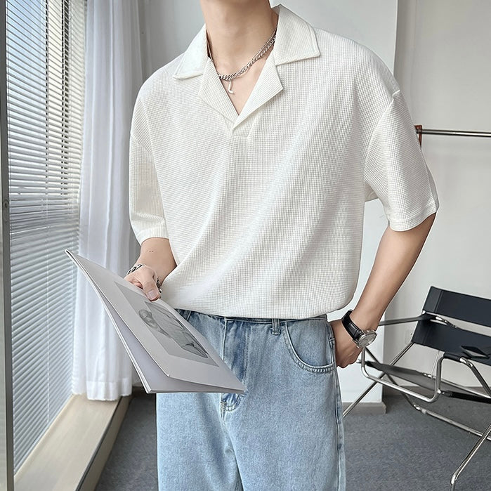 【3color】韓国風 ニット風半袖シャツ SS-000133