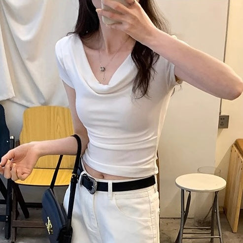 【5color】フェミニンカシュクール半袖トップス|韓国風きれいめタイトTシャツ SS-000240