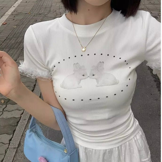 レース袖ウサギプリントカットソー 韓国ガーリースタイル 白Tシャツ SS-000233