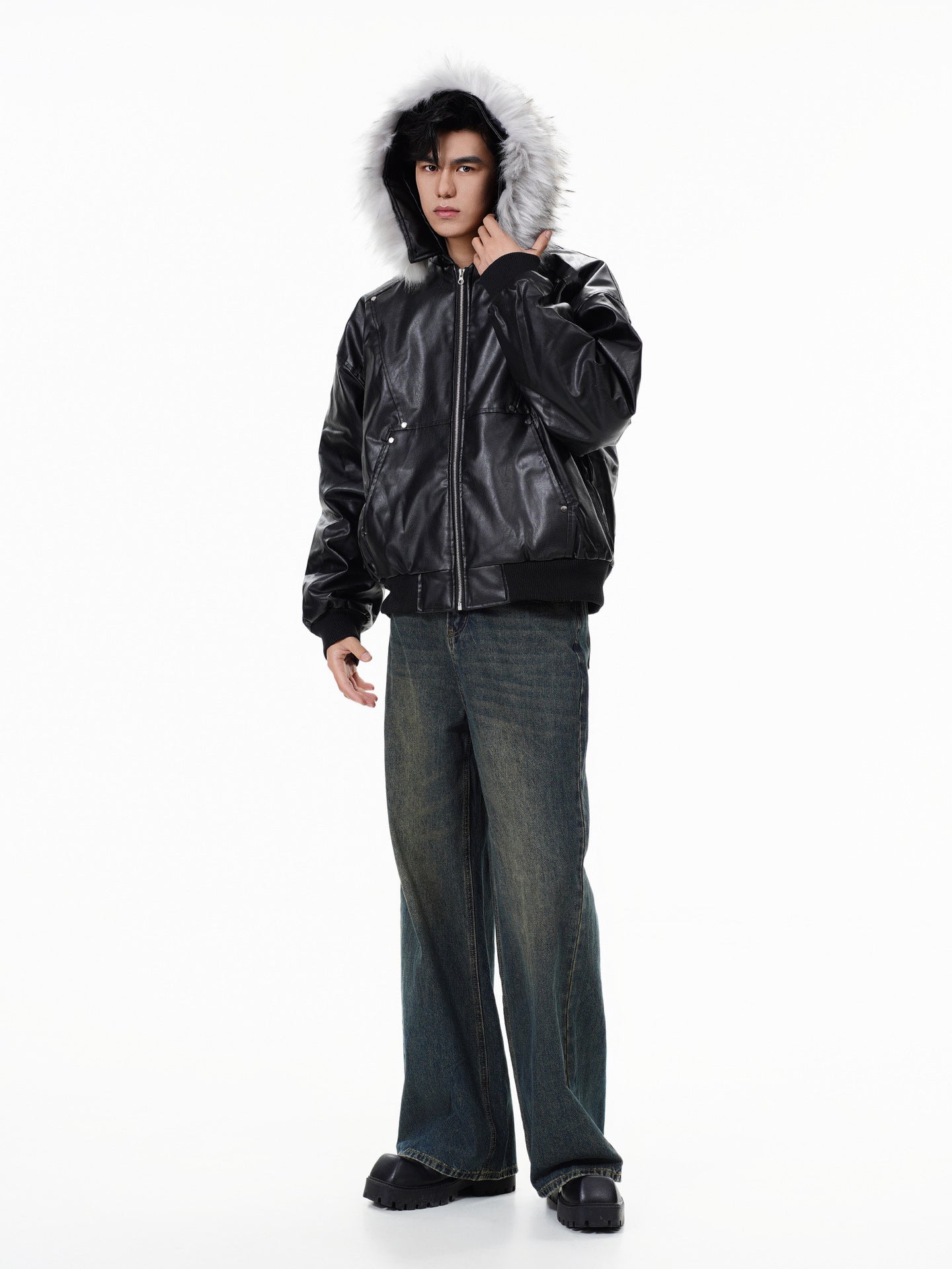 フェイクレザー ファーフードジャケット SS-000698