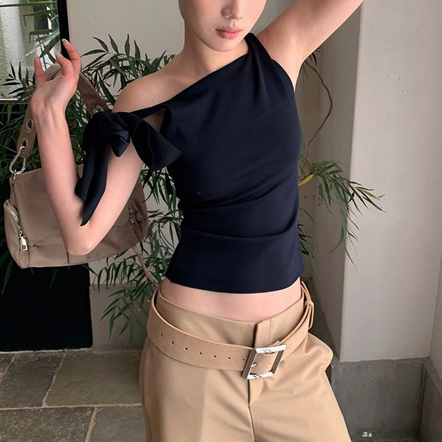 【2color】片肩リボンタンクトップ|アシンメトリー×美シルエット SS-000267