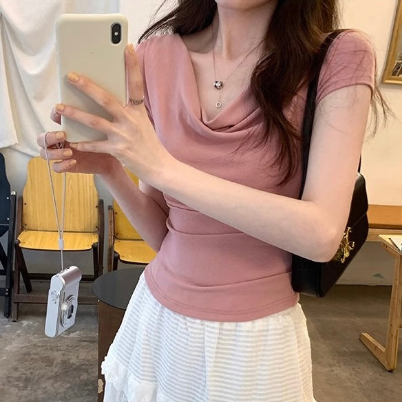 【5color】フェミニンカシュクール半袖トップス|韓国風きれいめタイトTシャツ SS-000240