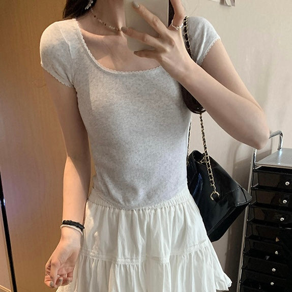【2color】スクエアネックリブトップス フレンチスリーブ シンプル美シルエット 夏 ガーリーカジュアルTシャツ SS-000250