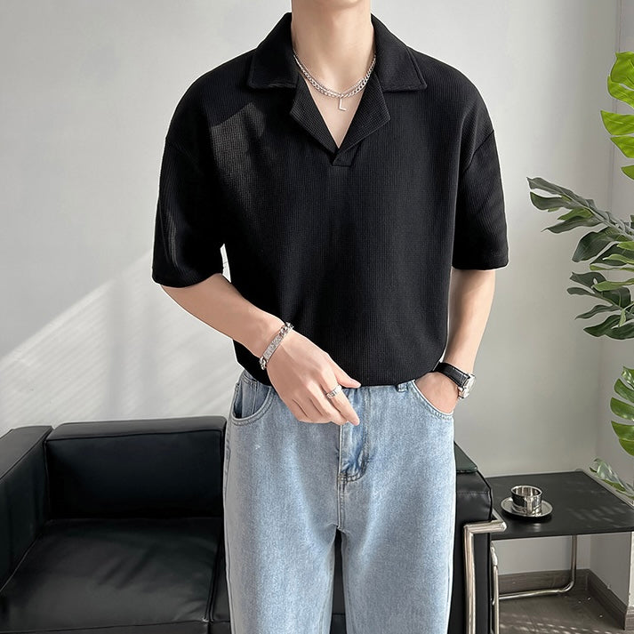 【3color】韓国風 ニット風半袖シャツ SS-000133