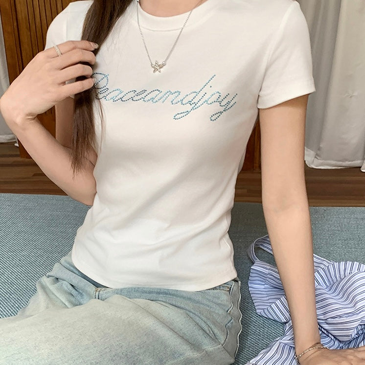 【2color】ラインストーンロゴTシャツ｜キラキラロゴが映える韓国風トップス SS-000255