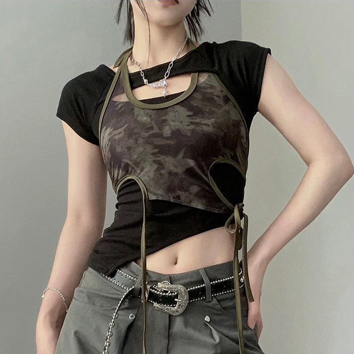 レイヤード風 カモフラージュ クロップドトップス SS-000352