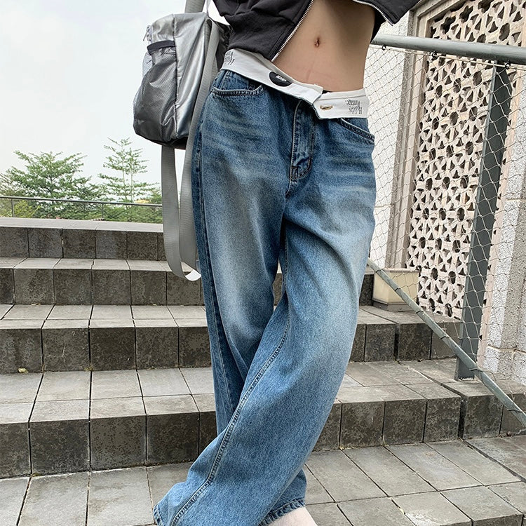 ゆるストレートデニムパンツ｜腰履き風ローライズ＆ヴィンテージブルー SS-000265
