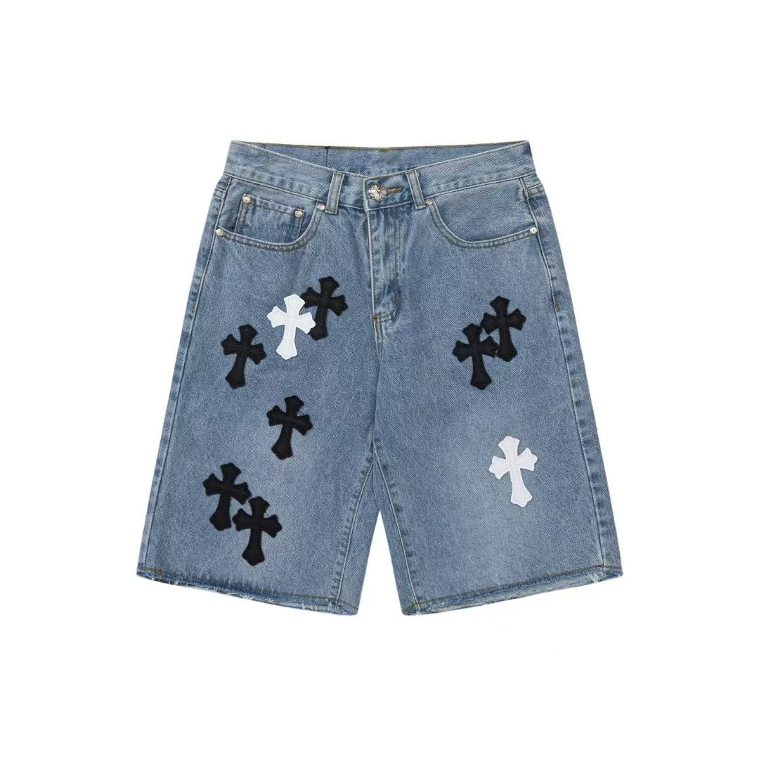 【3color】クロスパッチ デニムショーツ ストリート系 ヴィンテージ風 SS-000324