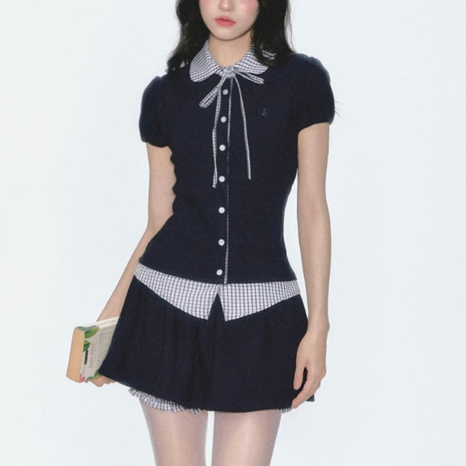 【2color】韓国風リボンセットアップワンピース チェック切り替え大人ガーリー SS-000223