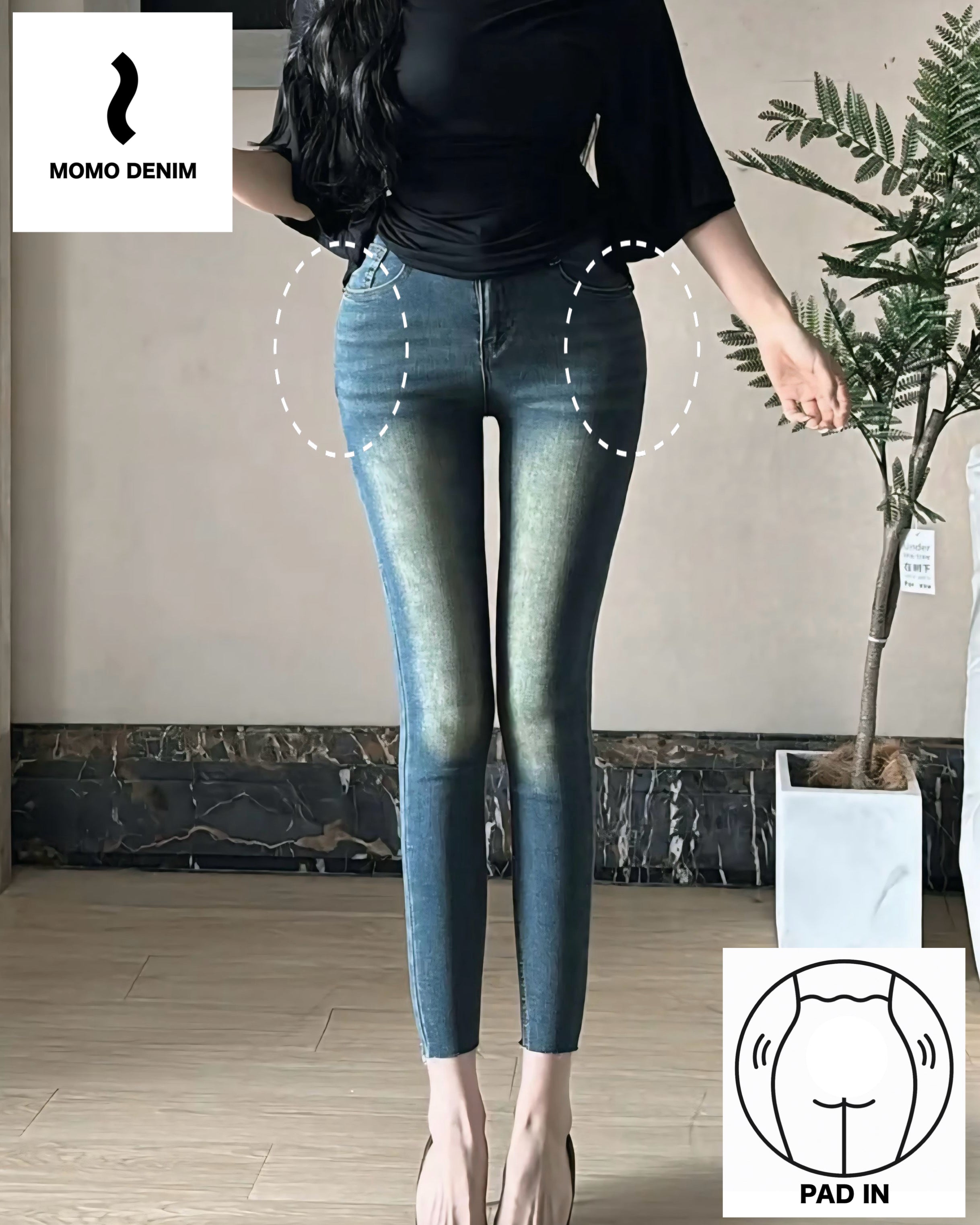 【骨盤パッド入り】MOMO DENIM 【3color】ストレッチデニムパンツ SS-000656