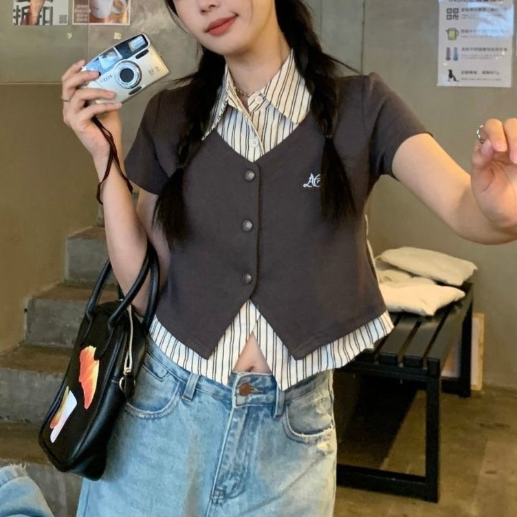 【3color】レイヤード風半袖ベストシャツセット SS-000241