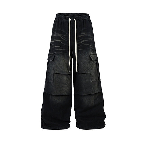 ブラックワイドカーゴパンツ ストリート系 ダボパンツ メンズ SS-000330