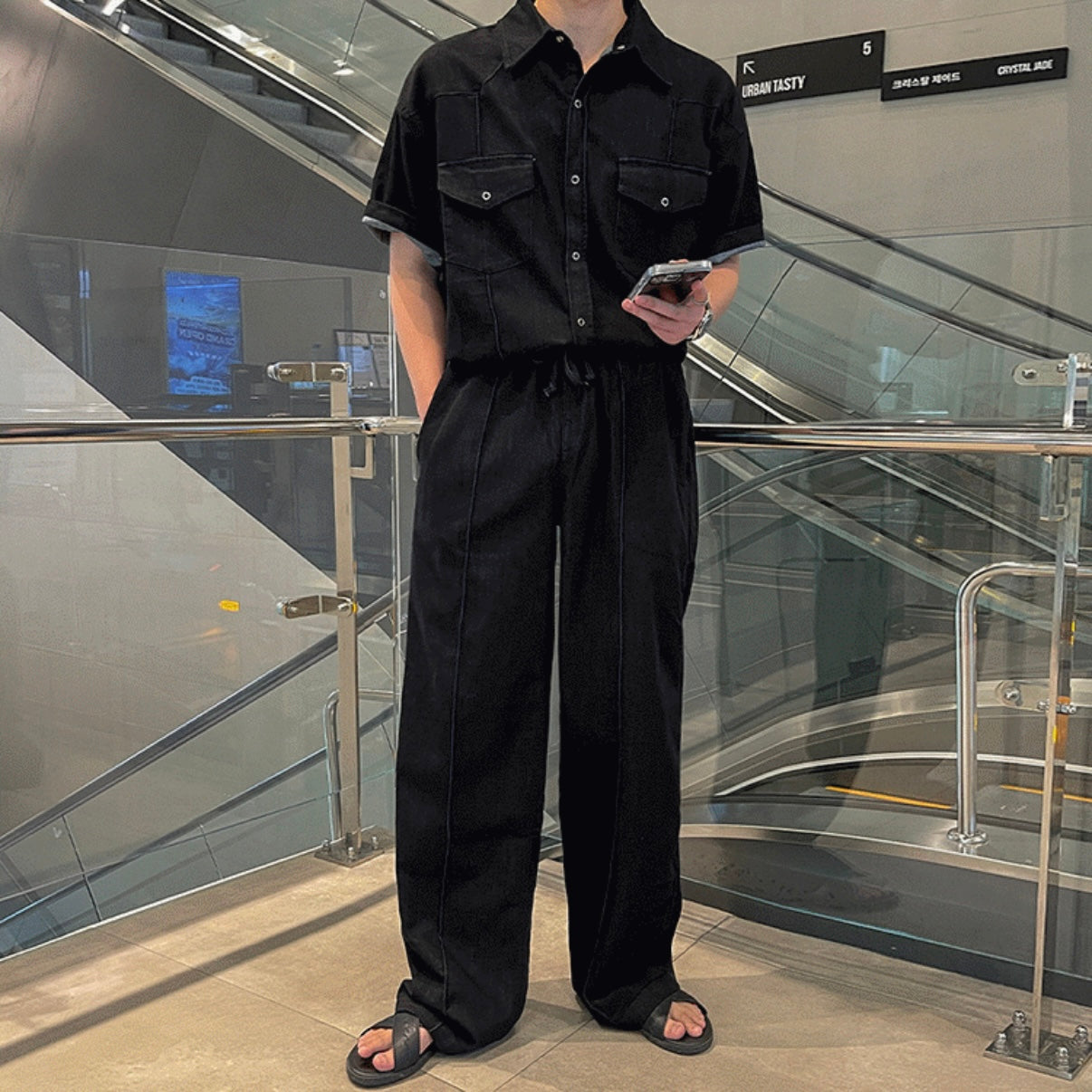 ブラック半袖シャツ×ワイドパンツ セットアップ SS-000542
