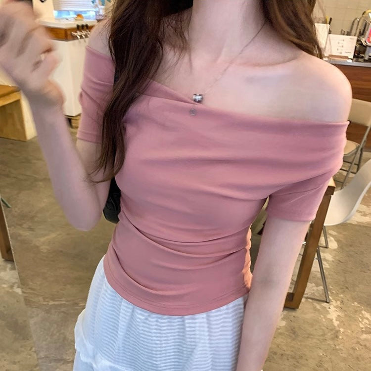 【5color】フェミニンカシュクール半袖トップス｜韓国風きれいめタイトTシャツ SS-000240