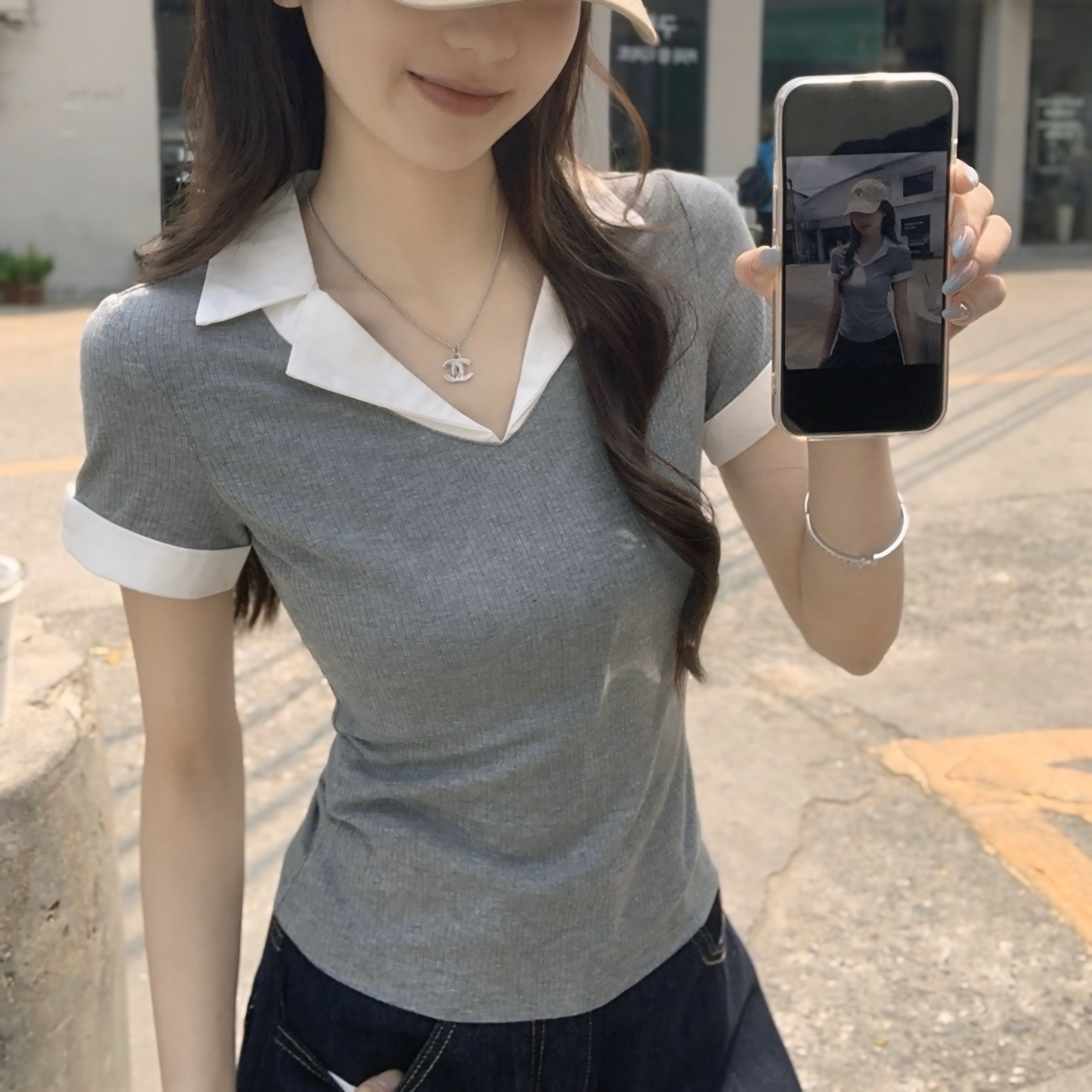 スタイルアップ リブフィット配色Tシャツ SS-000179