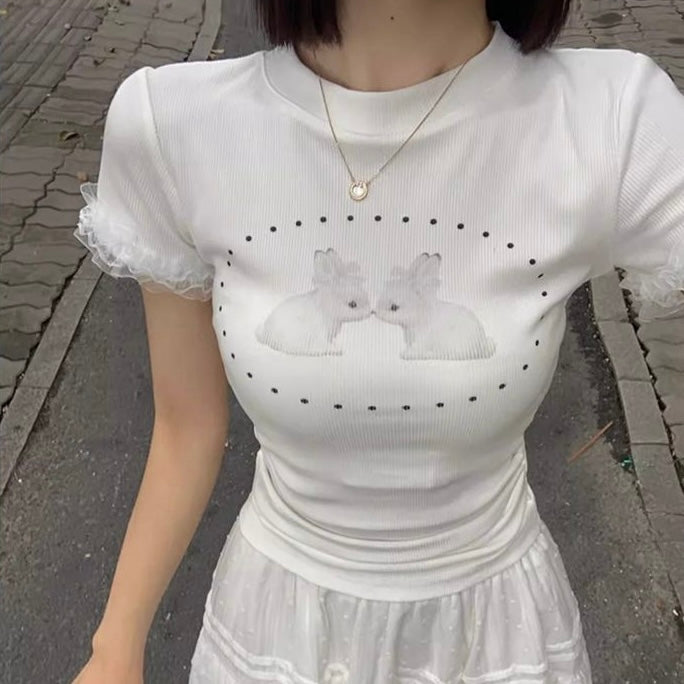 レース袖ウサギプリントカットソー 韓国ガーリースタイル 白Tシャツ SS-000233