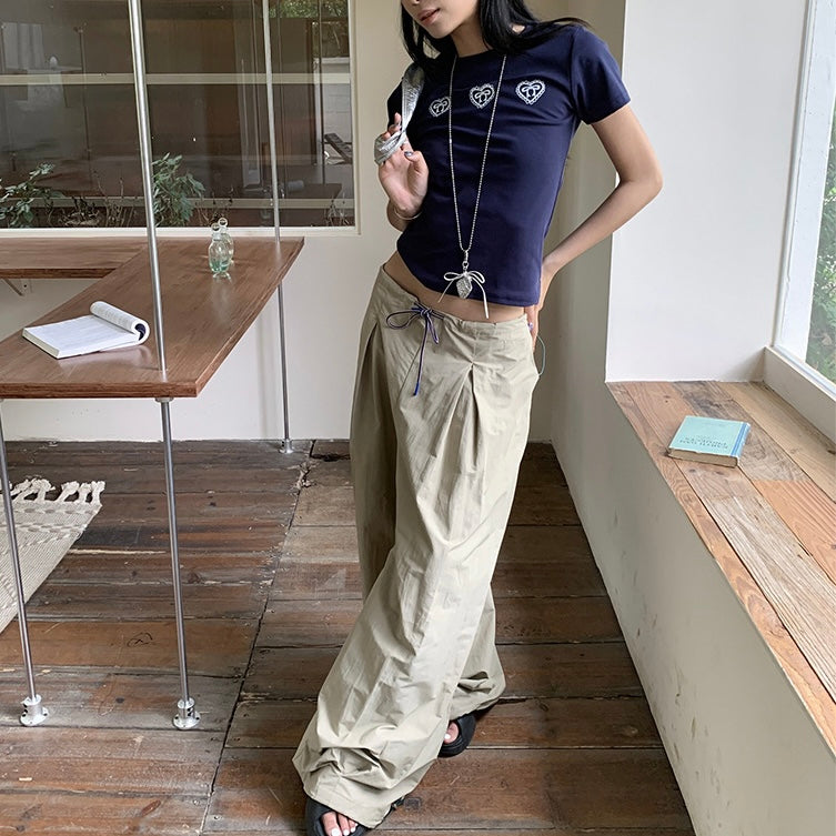 ハート刺繍×リボン入りネイビーフィットTシャツ SS-000273