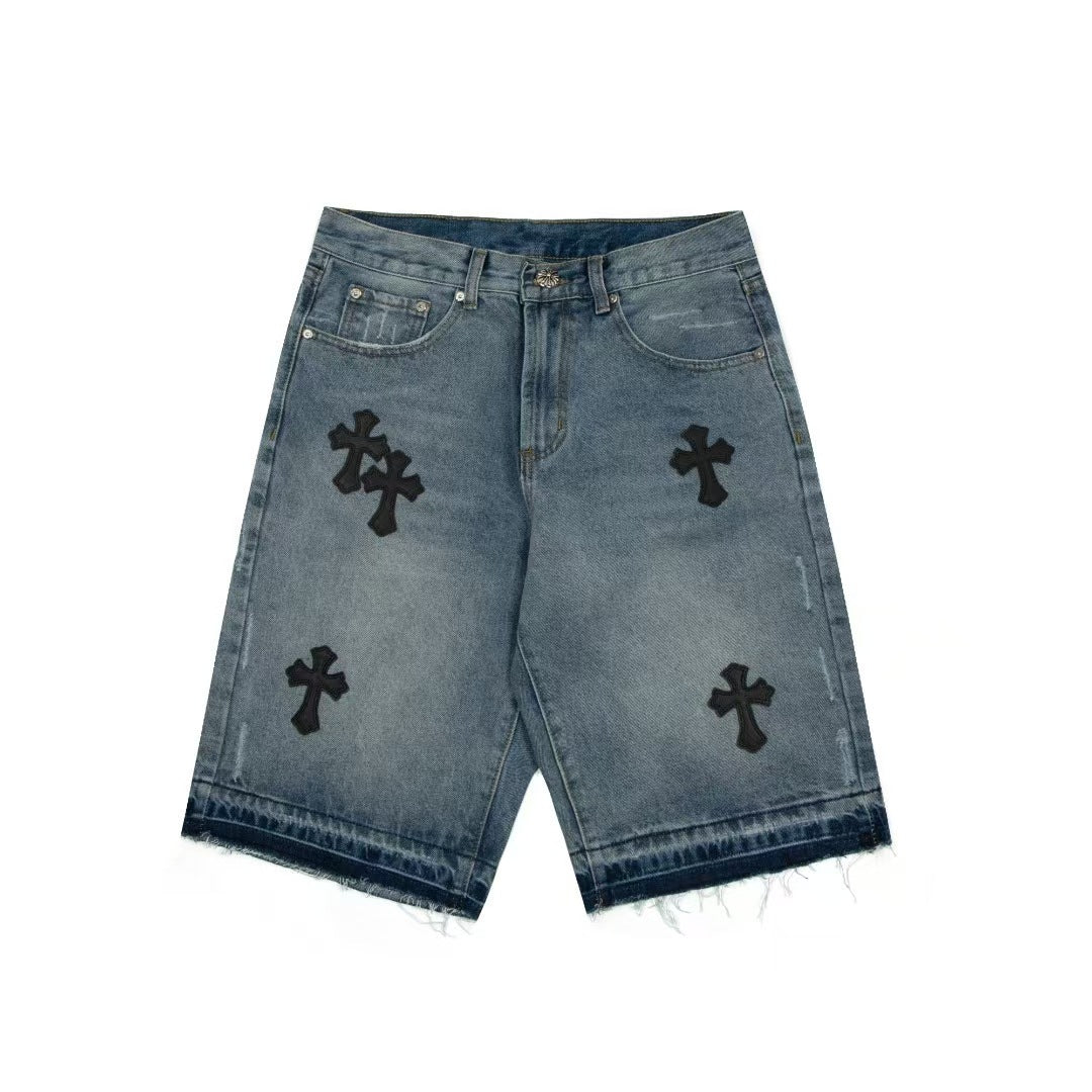 【3color】クロスパッチ デニムショーツ ストリート系 ヴィンテージ風 SS-000324