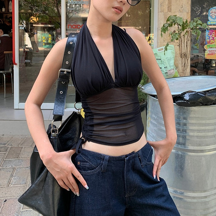 【2color】ブラックメッシュホルタートップス｜夏の肌見せコーデ SS-000269