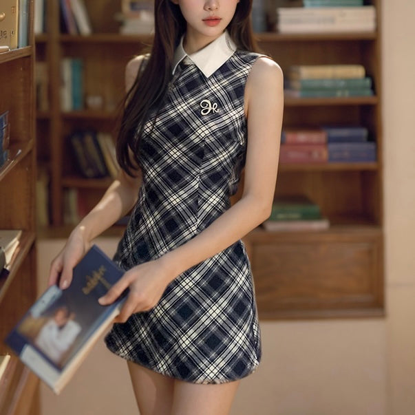 美脚魅せチェック柄ワンピース 襟付き韓国ガーリー 高見えミニ丈 SS-000230