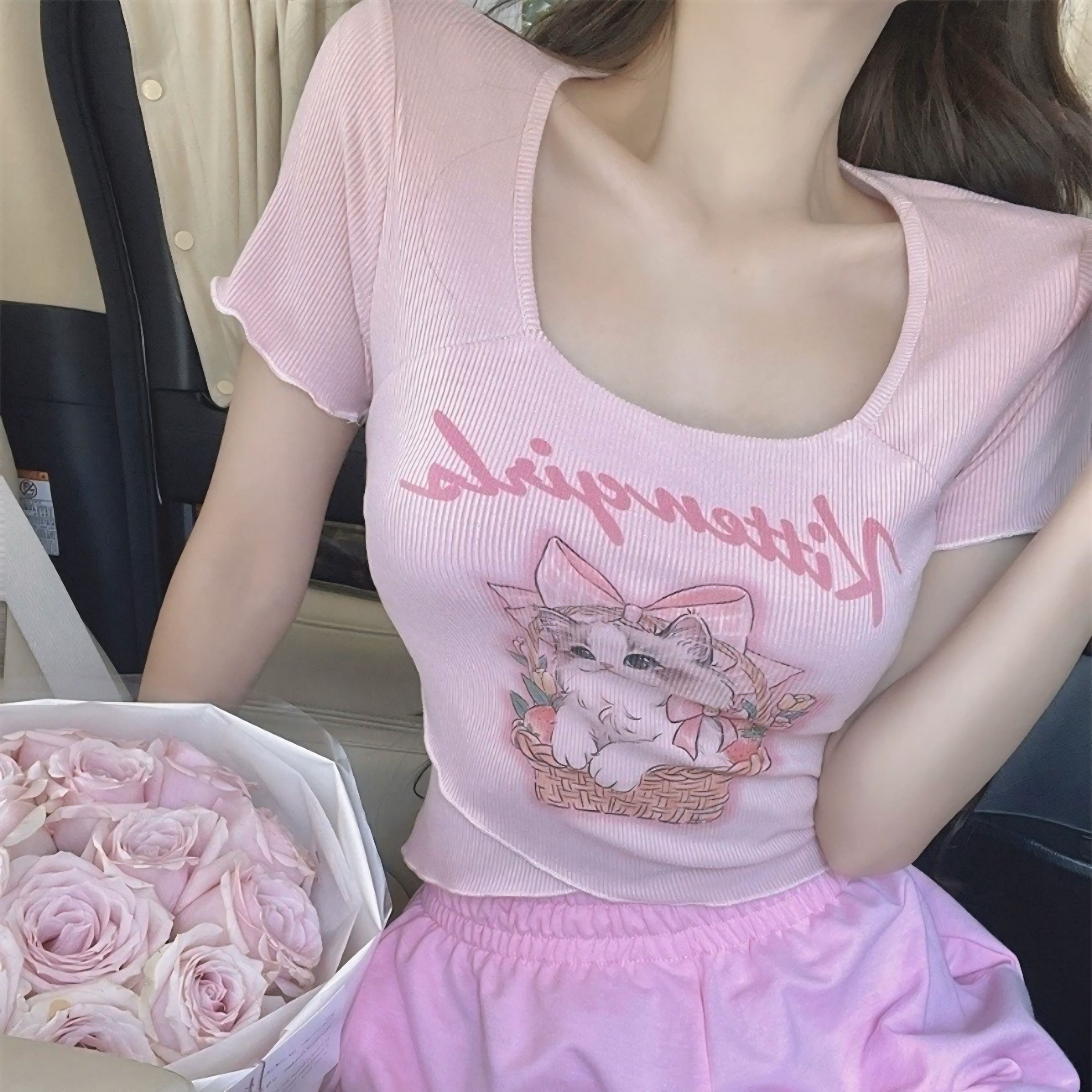 【2color】リブ素材 バスケットキャット柄Tシャツ SS-000178