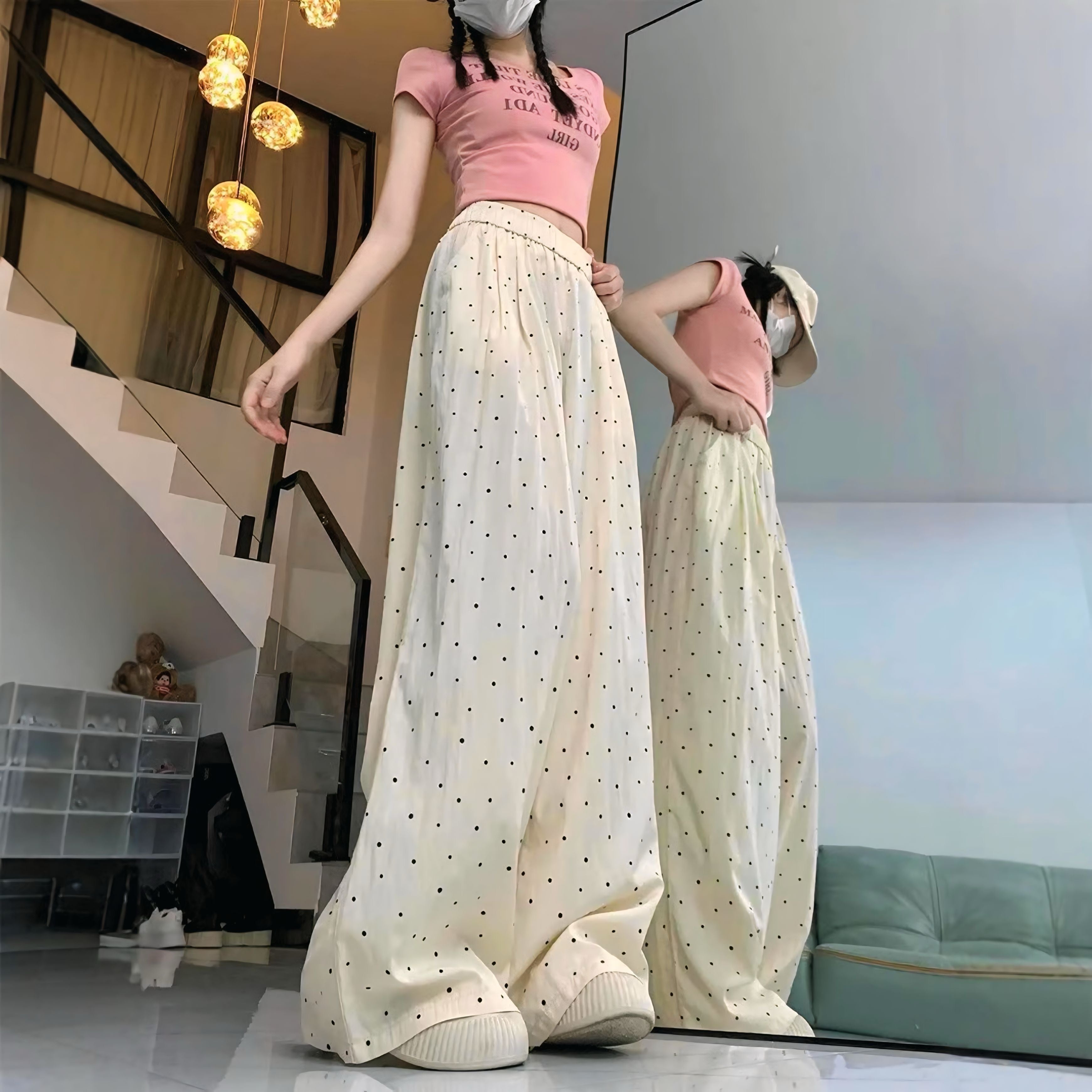 【4color】ゆるかわデザイン ドット柄ワイドパンツ SS-000173