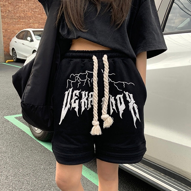 ロゴプリントショートパンツ 稲妻デザイン×ロープ紐付き ストリート系 SS-000314