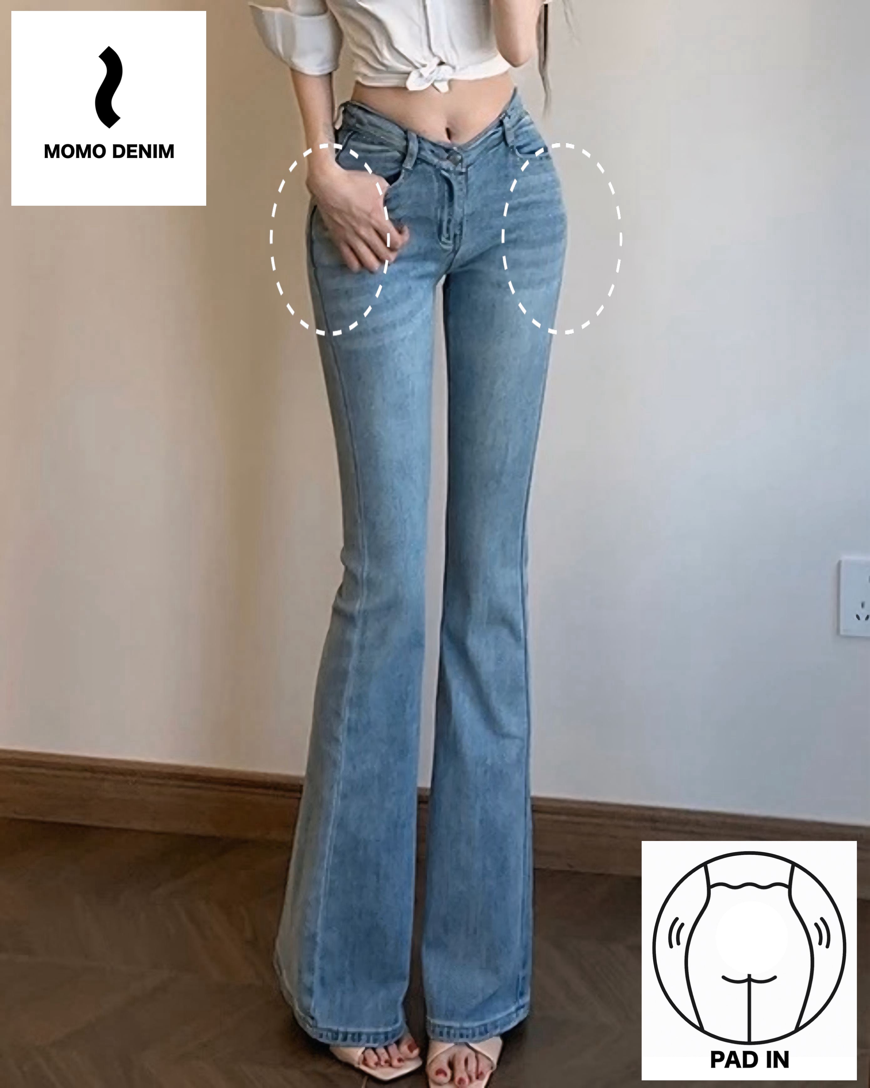【骨盤パッド入り】MOMO DENIM ライトブルー フレアデニム SS-000663
