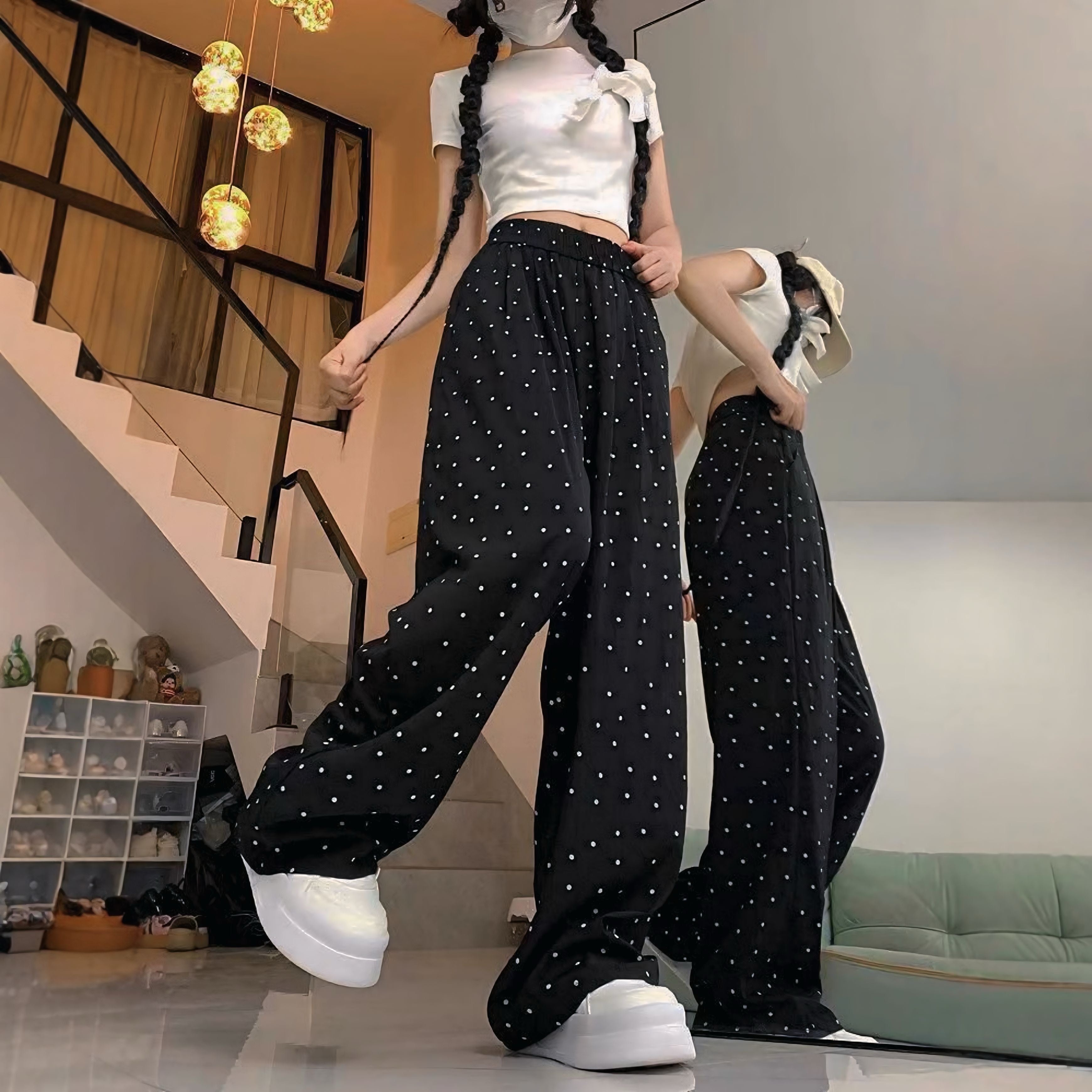 【4color】ゆるかわデザイン ドット柄ワイドパンツ SS-000173