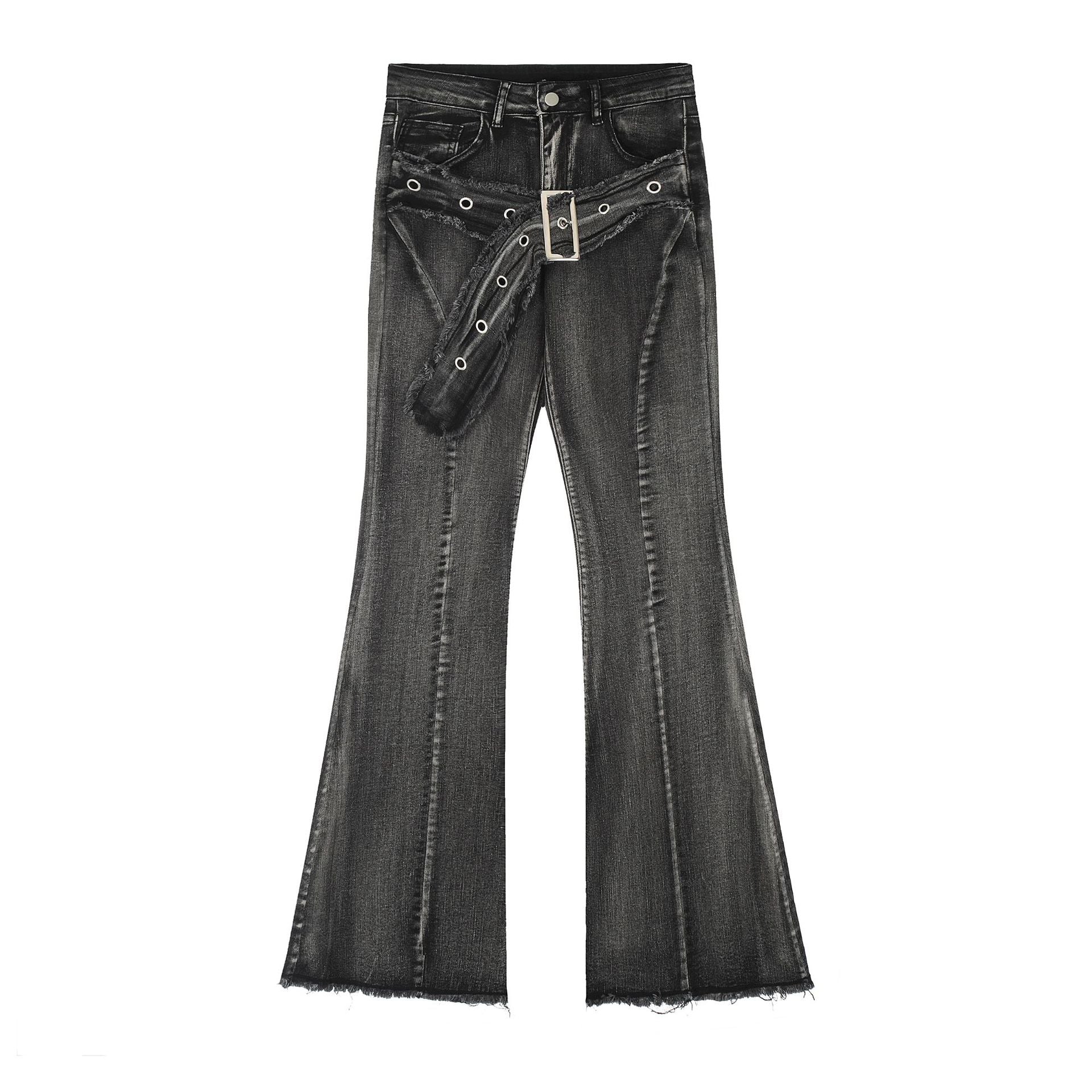 【2color】ヴィンテージ風 フレアデニム ベルト付き ブーツカットパンツ SS-000327