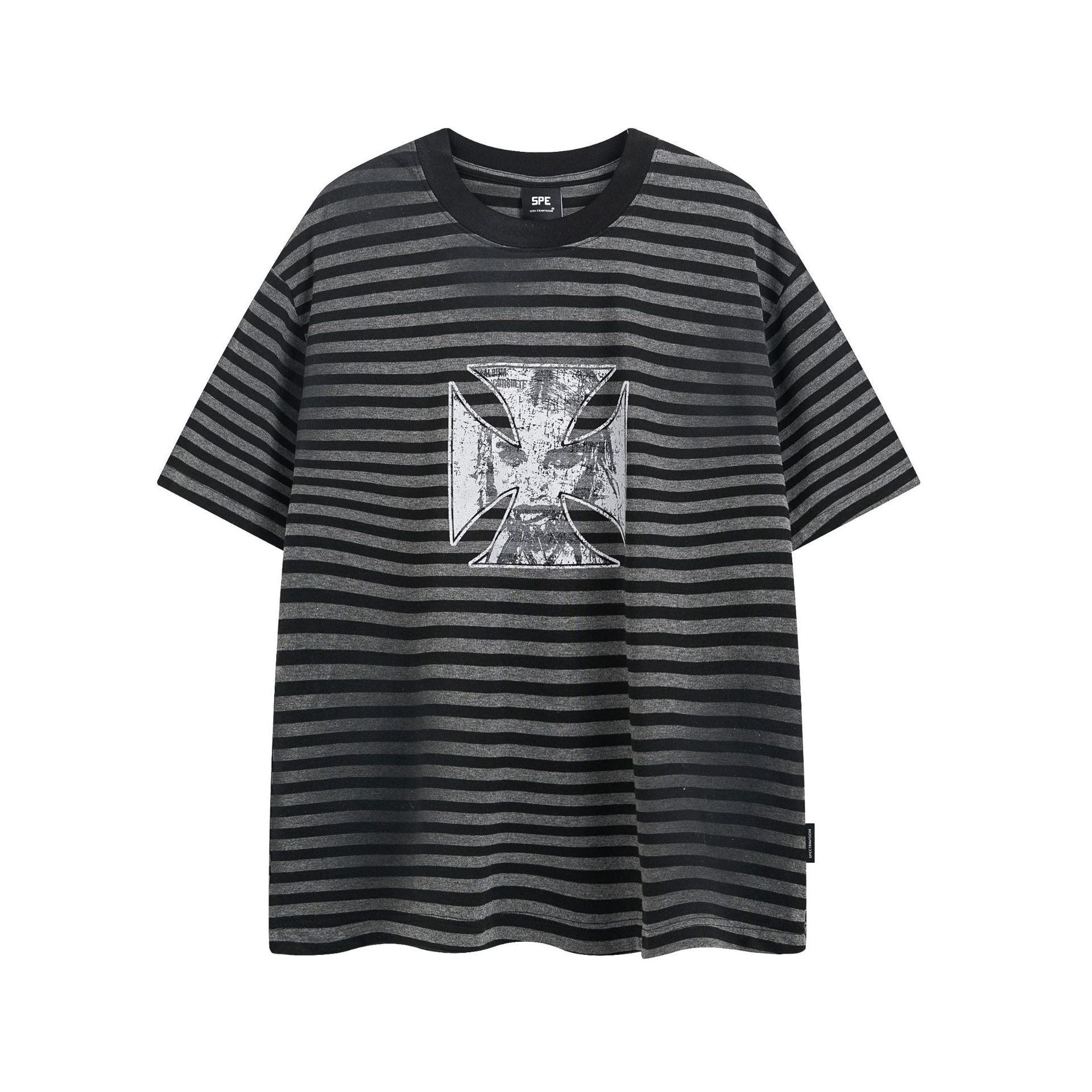 【2color】クロス柄ボーダーTシャツ｜オーバーサイズ SS-000306
