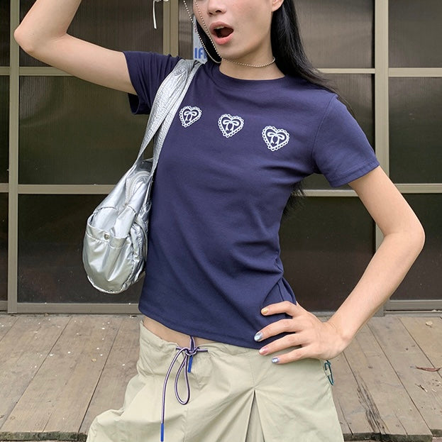ハート刺繍×リボン入りネイビーフィットTシャツ SS-000273