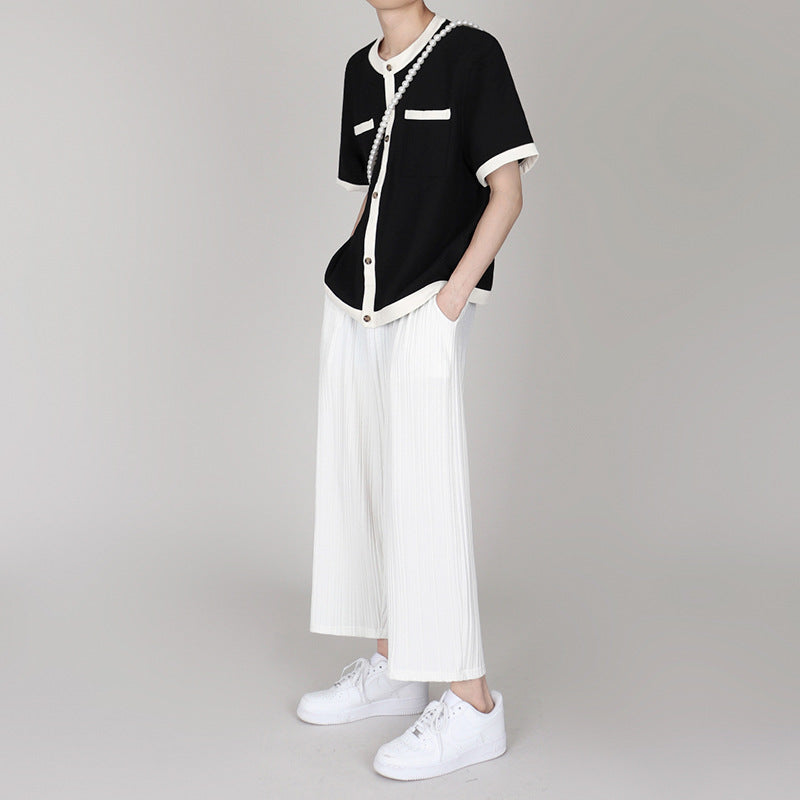 【2color】モノトーン配色 カーデ風Tシャツ SS-000126