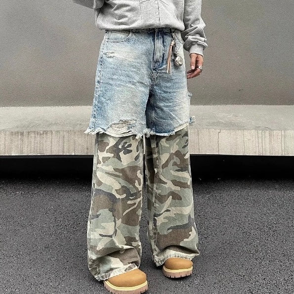 カモフラージュ切替デニム ワイドパンツ ストリート系 SS-000342