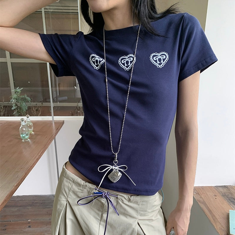 ハート刺繍×リボン入りネイビーフィットTシャツ SS-000273