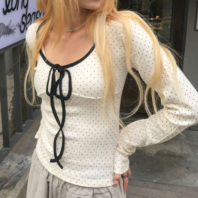 リボン付きドット柄トップス｜大人フェミニン韓国長袖 SS-000245
