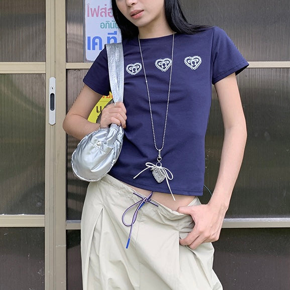 ハート刺繍×リボン入りネイビーフィットTシャツ SS-000273