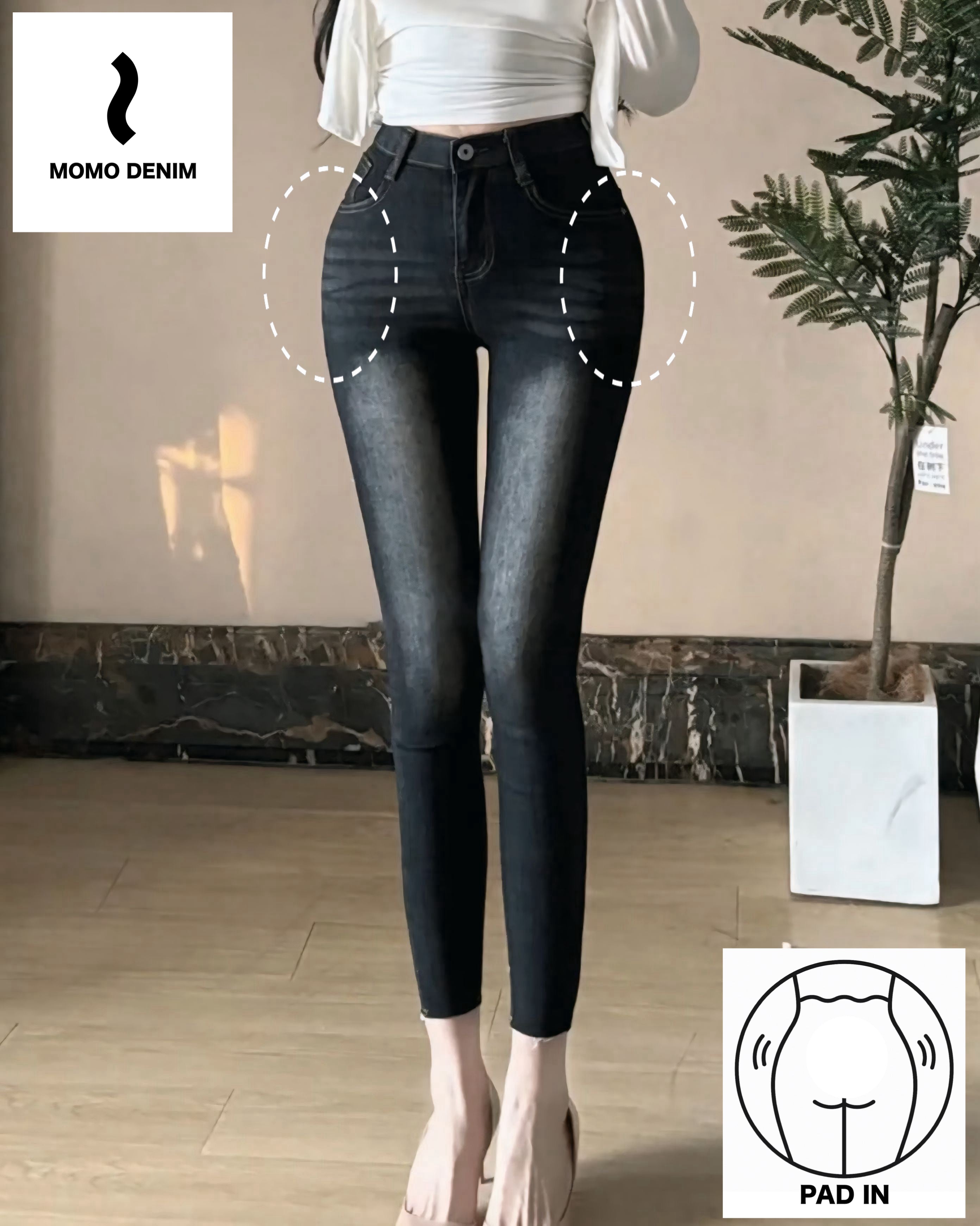 【骨盤パッド入り】MOMO DENIM 【3color】ストレッチデニムパンツ SS-000656