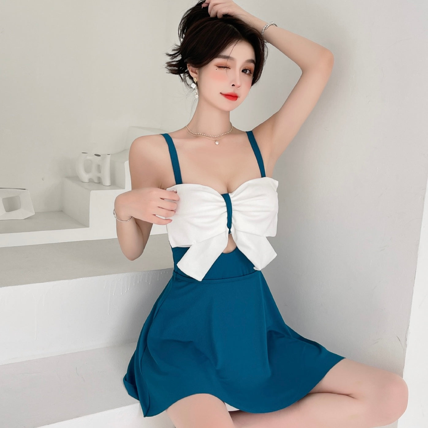 【2color】ボリュームリボンフレアワンピース水着  SS-000119