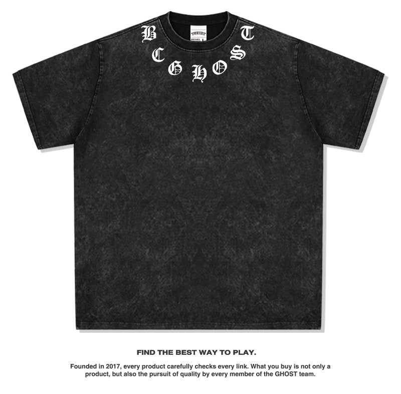 ブラックウォッシュ加工Tシャツ｜首元ロゴ×シンプル映え｜ストリートスタイ SS-000302